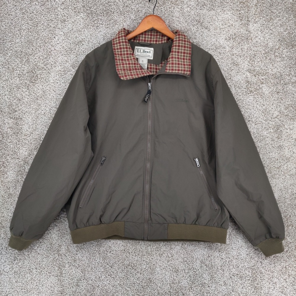 LL Bean Bomber Jacket Mens XL Green Full Zip Plaid Flannel Lined Retro